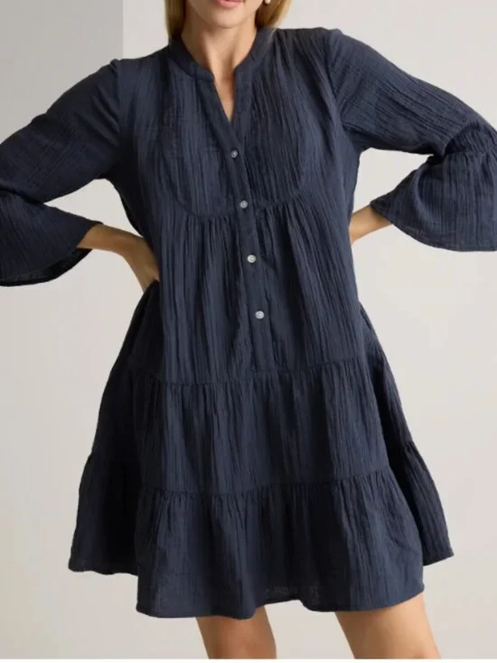 Quince 100% Organic Cotton Gauze Long Sleeve Tiered Mini Dress Indigo Blue M NWT - Picture 2 of 4